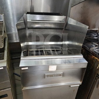 Vulcan commercial gas fryer in very nice condition, stainless steel finish, visible "Vulcan" logo on front panel.