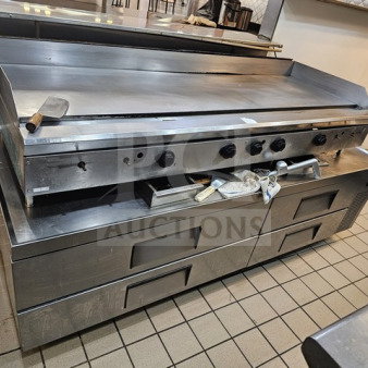 Commercial stainless steel 60" countertop gas griddle, missing 4 knobs, used condition, with drawers and tools visible.