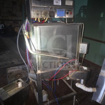 Burns Chemical Sanitizing Dishwasher, stainless steel, showing wires and hoses. Unknown working condition, sold as is.