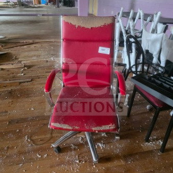 Lot of 16 red office chairs, heavily worn condition, visible tears and scratches, sold as is, tag 707 attached.