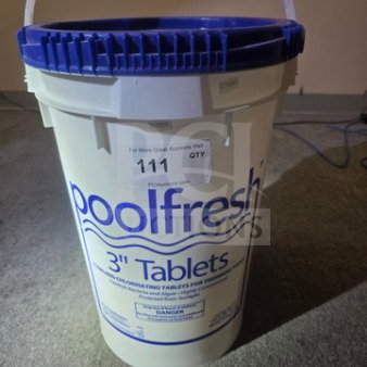 Lot of Stabilized Chlorinating Tablets for Swimming Pools, 3-inch size, Poolfresh brand, sealed bucket, label shows product info.