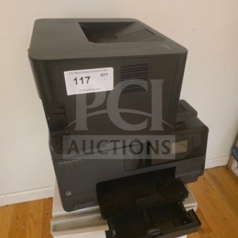 Lot of 2 black printers stacked, showing various slots and a label marked "117." Suitable for office use.