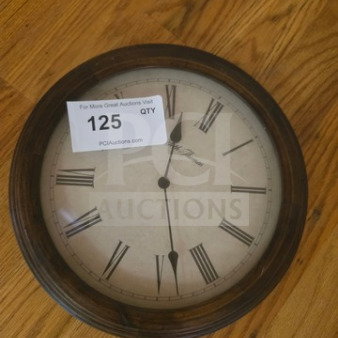 Vintage wall clock with Roman numerals, wooden frame, and brand label "Mr. Time." Auction tag labeled "125."