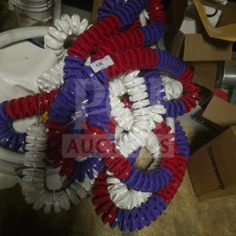 Lot of swimming pool lane dividers in red, white, and blue. Coiled and in used condition. Includes numbered tag.