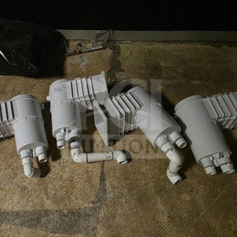 Lot of 4 wide-mouth pool skimmers for above-ground or in-ground pools, shown in new condition with white finish.