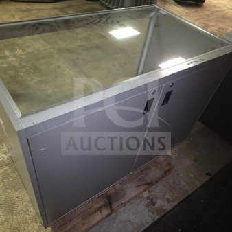 Metro PCS ADA Kiosk Showcase, glass-top design, sturdy metal frame, dual locking doors, excellent condition.
