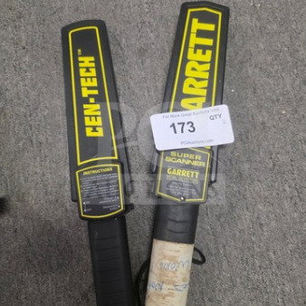 Lot of 2 handheld metal detectors: Garrett Super Scanner V and Cen-Tech. Unknown working condition. Sold as is.