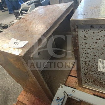 Commercial stainless steel bar ice bin with visible rust and wear, ID tag showing number 177, sitting on a wooden pallet.