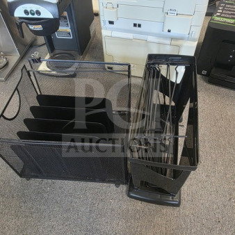 Lot of 2 black metal file organizers, mesh design with multiple slots, in good condition, ideal for office use.