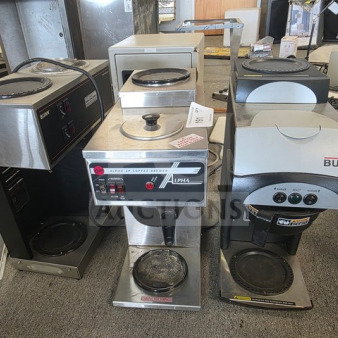 Lot of 3 coffee machines, different models, including Bunn and Alpha brands. Unknown working condition, sold as is.