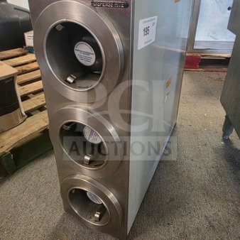 Dispense-Rite 3-slot vertical countertop cup dispenser, stainless steel, used condition, visible model and serial numbers.
