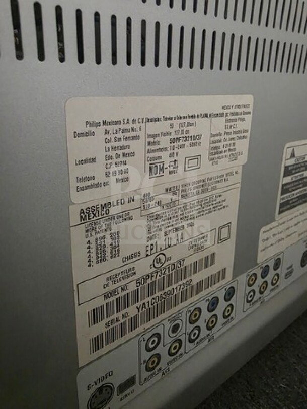 Philips flat screen TV, back panel view with labels. Unknown working condition, sold as is. Assembled in Mexico.