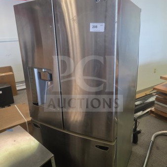 Stainless steel LG French door refrigerator, unknown working condition, sold as is, visible exterior wear.