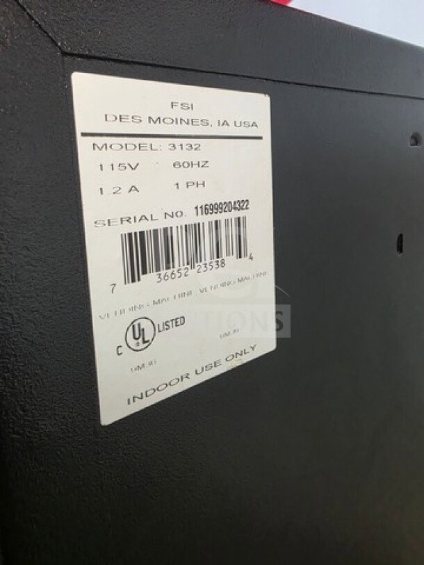 Vending machine with label showing FSI, Model 3132, 115V, 60Hz. Unknown condition, sold as is, for indoor use only.
