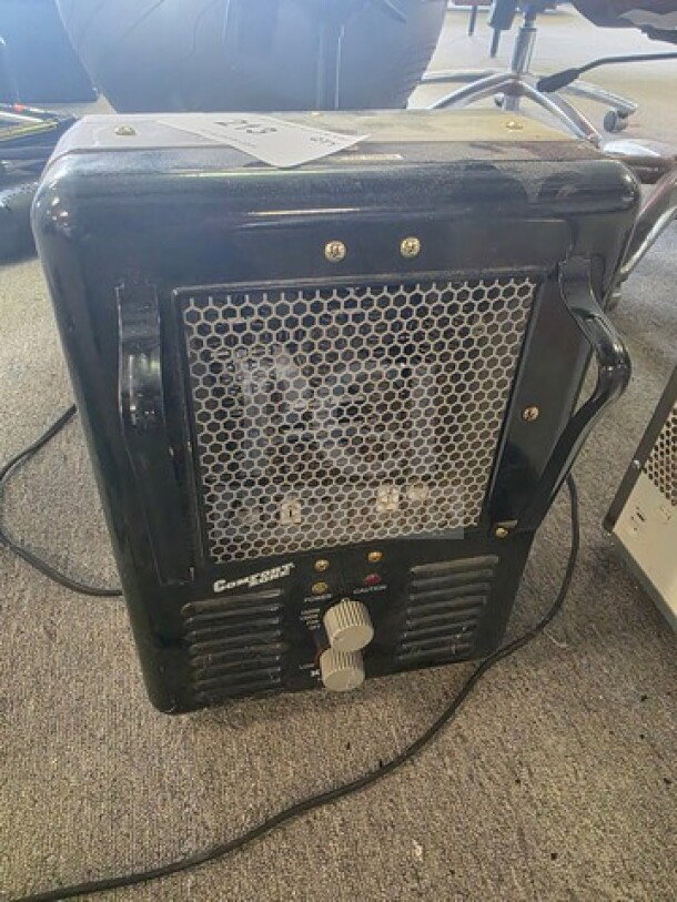 Comfort Zone Portable Electric Utility Heater, black, with dial controls. Unknown working condition; sold as is.
