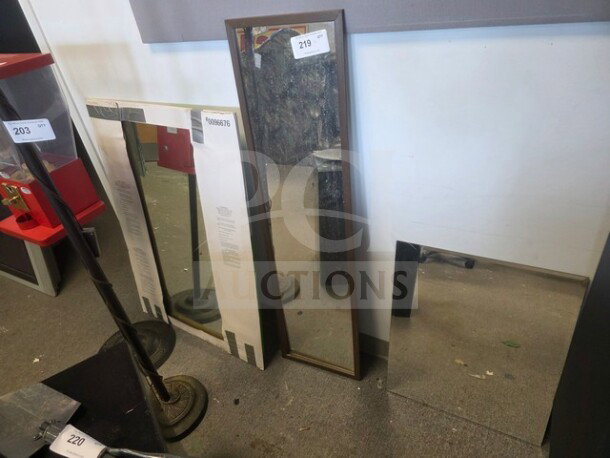 Lot of 3 miscellaneous mirrors; includes a full-length, a medium portrait, and a small square mirror. Varying conditions.