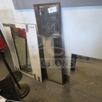 Lot of 3 miscellaneous mirrors; includes a full-length, a medium portrait, and a small square mirror. Varying conditions.