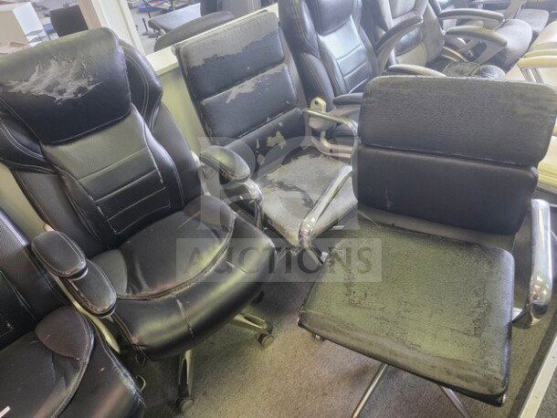 Lot of 12 miscellaneous office chairs, black leather, various designs, noticeable wear and tear on surfaces.