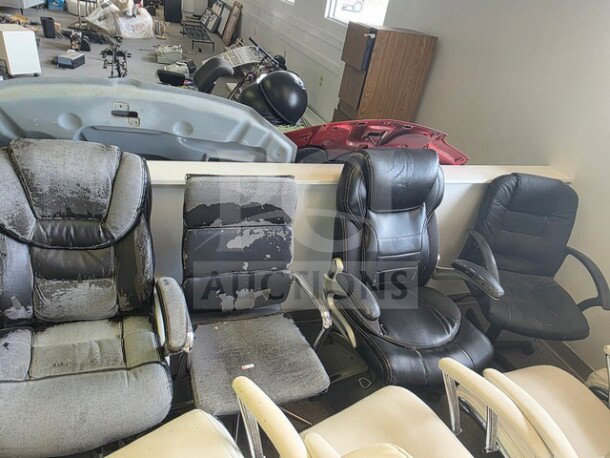 Lot of 12 miscellaneous office chairs, various styles. Shows signs of wear, including peeling and fading.