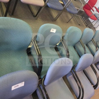 Lot of 6 blue office chairs with black armrests, fabric upholstery, slight wear, auction numbers 226 and 238 visible.