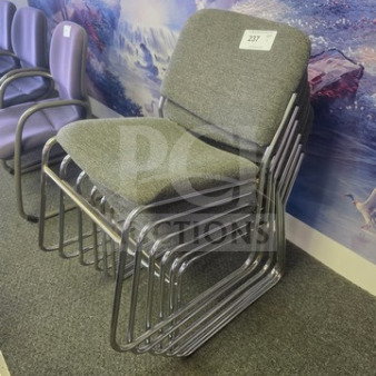 Lot of 6 stackable office chairs with gray upholstered seats, metal frames, and a tag indicating item 237.