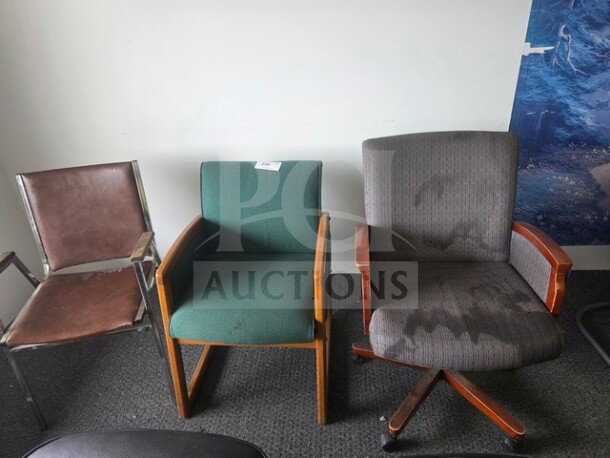 Lot of 3 office chairs: one brown metal-framed, one green with wooden arms, one gray swivel with wear. Mixed condition.