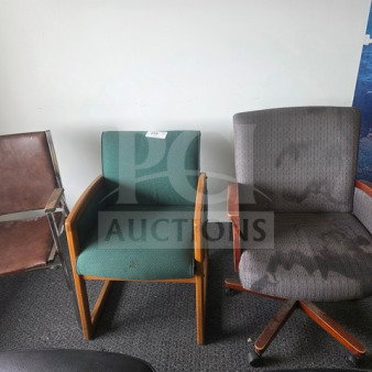 Lot of 3 office chairs: one brown metal-framed, one green with wooden arms, one gray swivel with wear. Mixed condition.