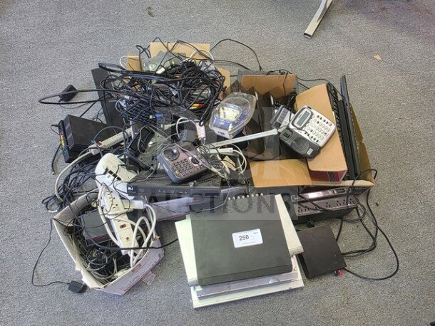 Lot of miscellaneous electronics; includes cables, routers, phone, remote, and power strips. Various conditions and models. Label marked "250".