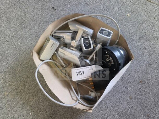 One lot of miscellaneous security cameras in a box, various models and conditions, auction tag labeled "251".