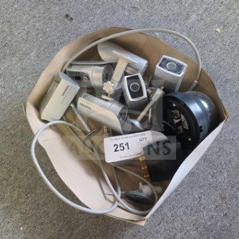 One lot of miscellaneous security cameras in a box, various models and conditions, auction tag labeled "251".