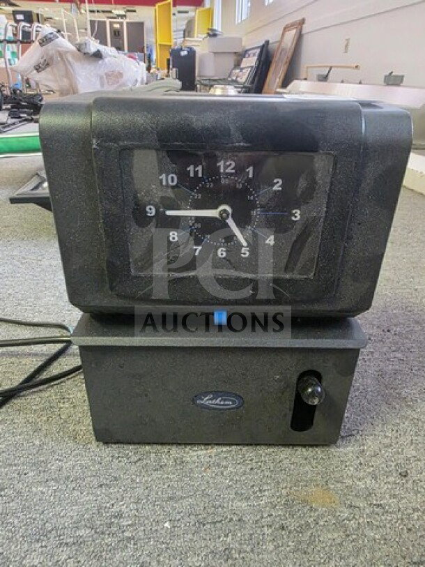 Lathem 4001 Time Recorder Automatic Punch Time Clock in used condition with visible clock face and Lathem logo badge.