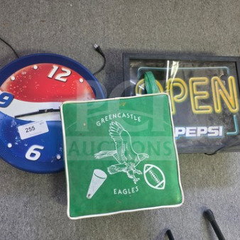 One lot of miscellaneous items; includes Pepsi-themed clock, neon open sign, and Greencastle Eagles pizza delivery bag.