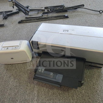 HP Photosmart and Deskjet printers, sold as is, unknown condition. Includes label with item number 270.