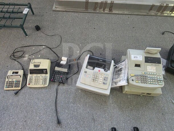 Lot of miscellaneous printing calculators and cash registers, various models and brands. Includes visible cords and paper rolls.