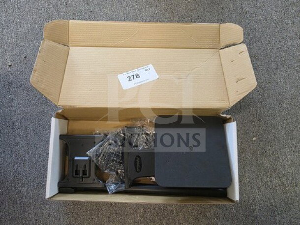 Triple Tablet Stand in box, includes hardware. Black finish, new condition. Box marked with label "278."