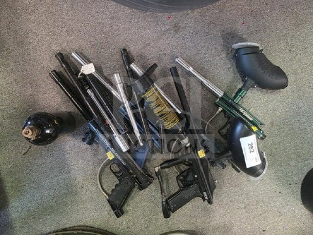 Lot of miscellaneous paintball markers, mixed brands and models, used condition, includes barrels and attached hoppers.