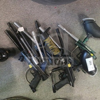 Lot of miscellaneous paintball markers, mixed brands and models, used condition, includes barrels and attached hoppers.
