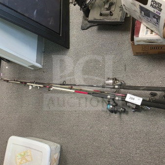 Lot of miscellaneous fishing poles, various sizes and models, mixed materials, used condition, auction tag labeled "286".