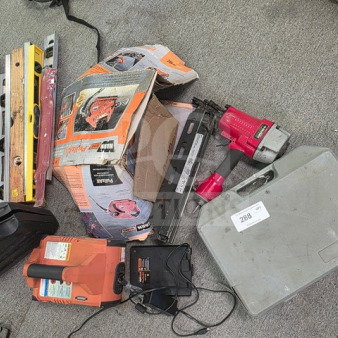 Lot of miscellaneous tools including levels, power tools, cases, and accessories. Sold as is, visible wear and labels present.