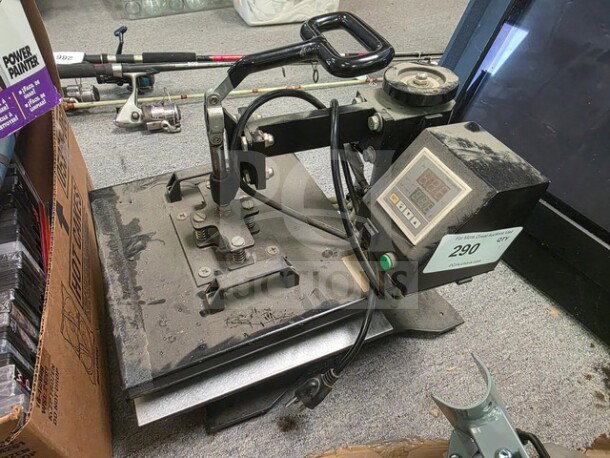 Industrial heat press machine with digital display, showing some wear. Control panel details temperature settings. Auction tag indicates lot 290.