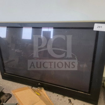 Plasma television with unknown working condition, sold as is. Black frame, floor standing, auction tag number 291 attached.