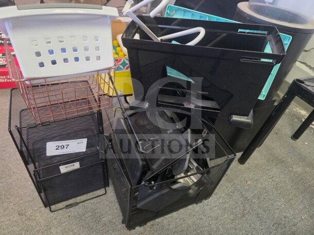 Lot of miscellaneous baskets and desk organizers, various sizes and materials, used condition. Label reads “297 CT.”
