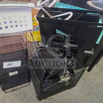Lot of miscellaneous baskets and desk organizers, various sizes and materials, used condition. Label reads “297 CT.”