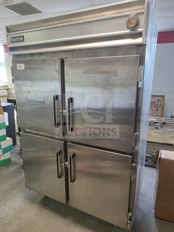 Roetone AF-47-S5-HD commercial refrigerator with four stainless steel half-doors, sold as is, unknown working condition.