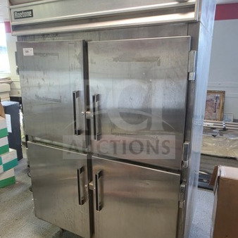Roetone AF-47-S5-HD commercial refrigerator with four stainless steel half-doors, sold as is, unknown working condition.