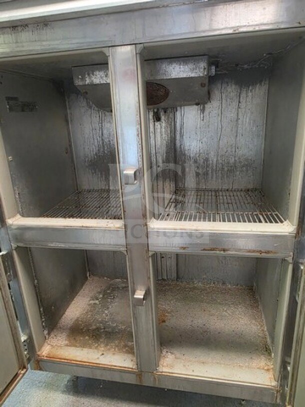 Roetone AF-47-S5-HD commercial refrigerator with four stainless steel half-doors, visible wear, sold as is.
