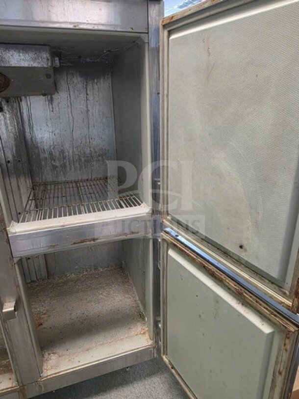 Roetone AF-47-S5-HD Commercial Reach-In Refrigerator, four stainless steel half-doors, sold as is, unknown condition.