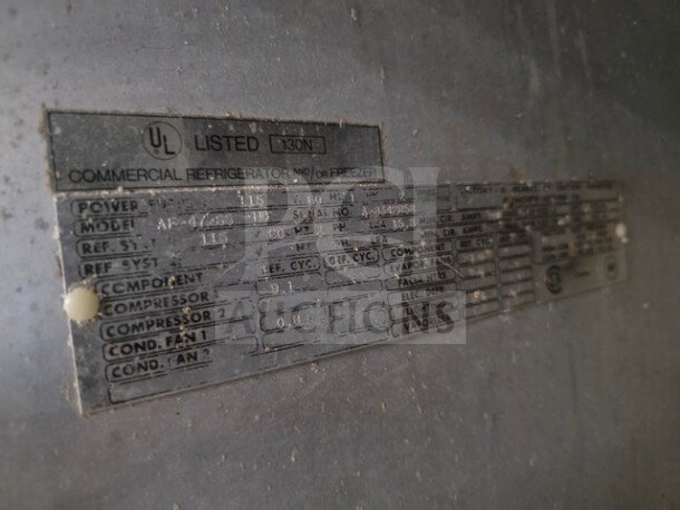 Roetone Commercial Refrigerator model AF-47-S5-HD, UL listed, stainless steel, four half-doors, sold as is, unknown condition.
