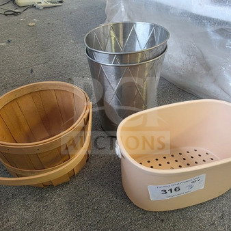 Assorted baskets and bins including a wooden basket, two metallic bins, and a plastic bin labeled "316."
