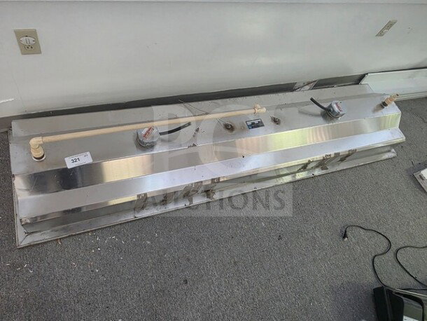 8-foot stainless steel hot water pan with two valves, fair condition, visible label "327", used for heating applications.